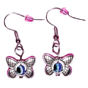 Blue Evil Eye Bead in Center of a Stainless Steel Owl Charm Dangle Drop Earrings